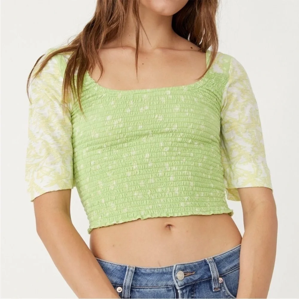 Free People Marigold Top Key Lime Combo Floral Smocked Cropped Size Medium